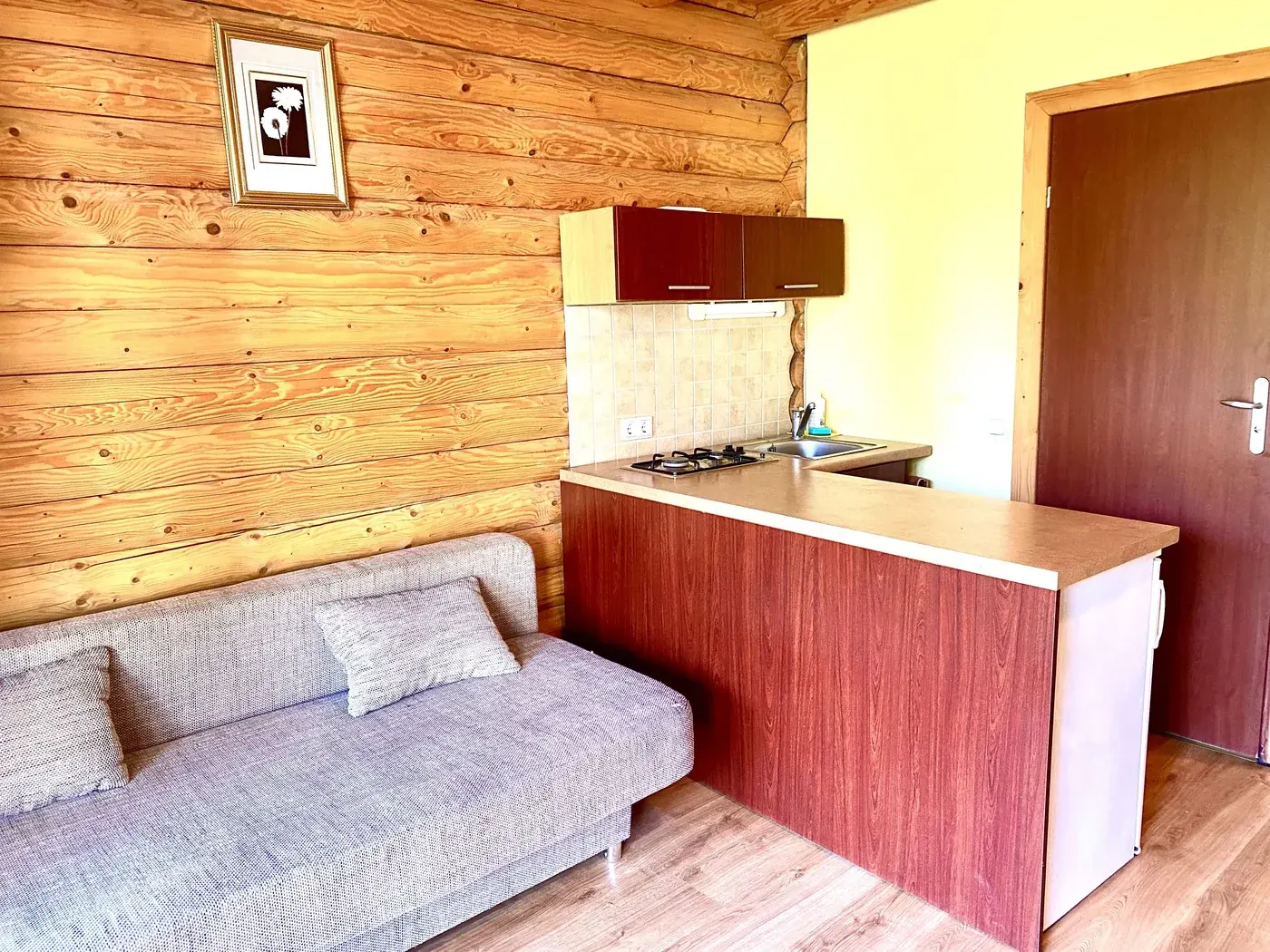 Keturvietis mažas apartamentas – virtuvėlė su sofa